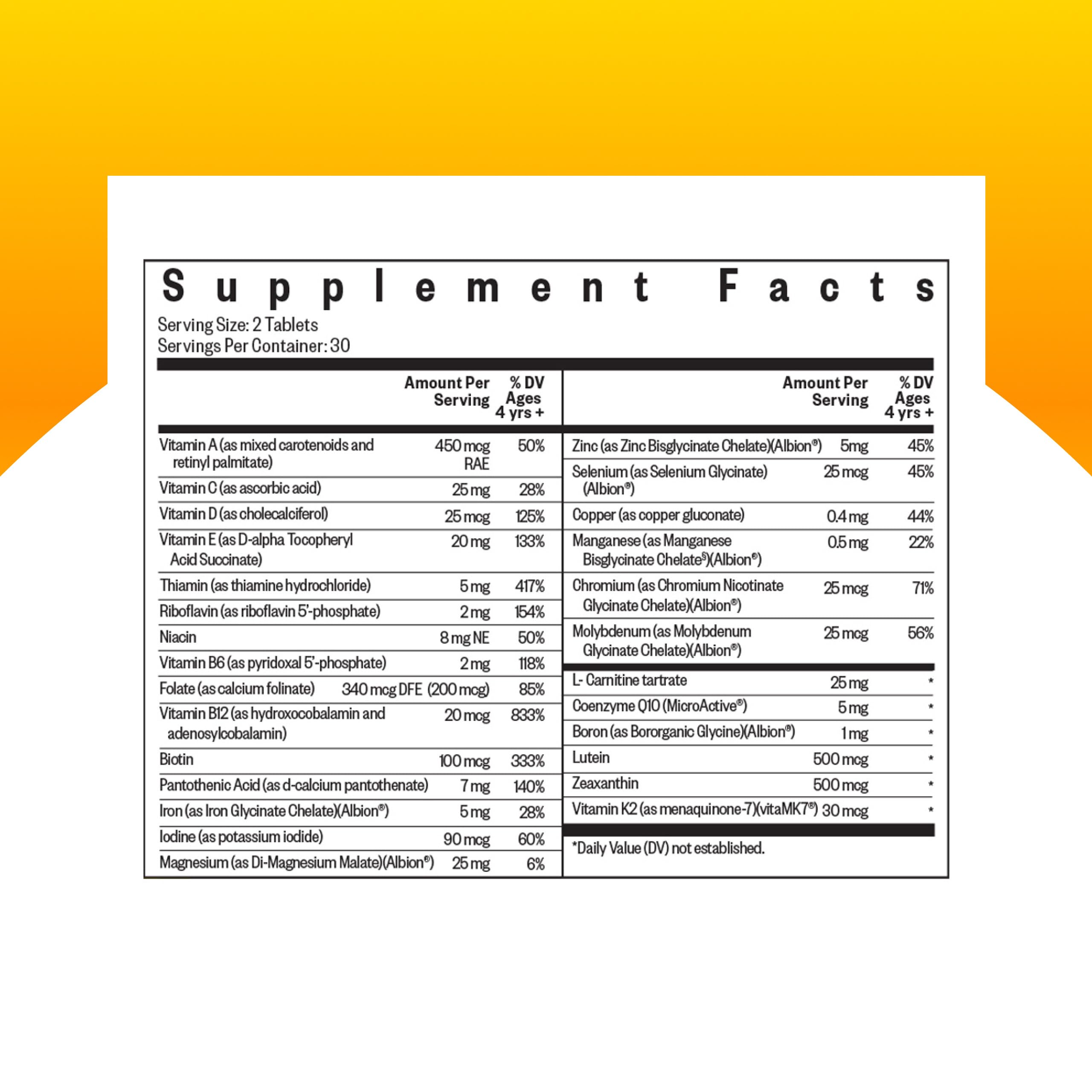 Seeking Health Kids Multivitamin Chewable MF label closeup highlights folinic acid and methyl-free formula.