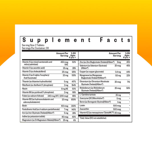 Seeking Health Kids Multivitamin Chewable MF label closeup highlights folinic acid and methyl-free formula.