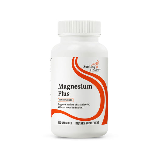 Seeking Health Magnesium Plus bottle label showing ingredients and vitamin B6.