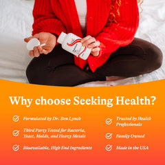 Packaging detail of Seeking Health Magnesium Plus highlighting allergen-free formula.