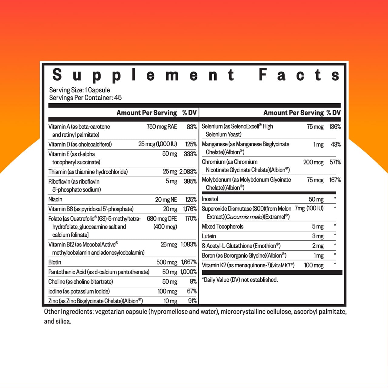 Close-up of Seeking Health Multivitamin One capsules highlighting bioavailable nutrients.