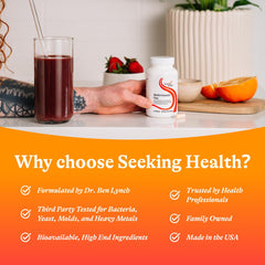 Packaging shot of Seeking Health Multivitamin One emphasizing quality and allergen-friendly design.
