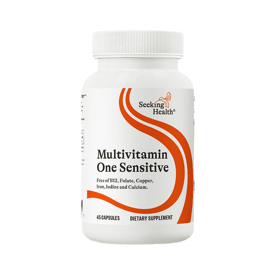 Seeking Health Multivitamin One Sensitive bottle shows gentle daily support.