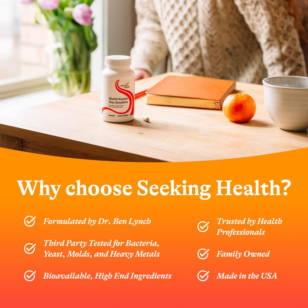 Seeking Health Multivitamin One Sensitive capsule detail shows easy-to-swallow form.
