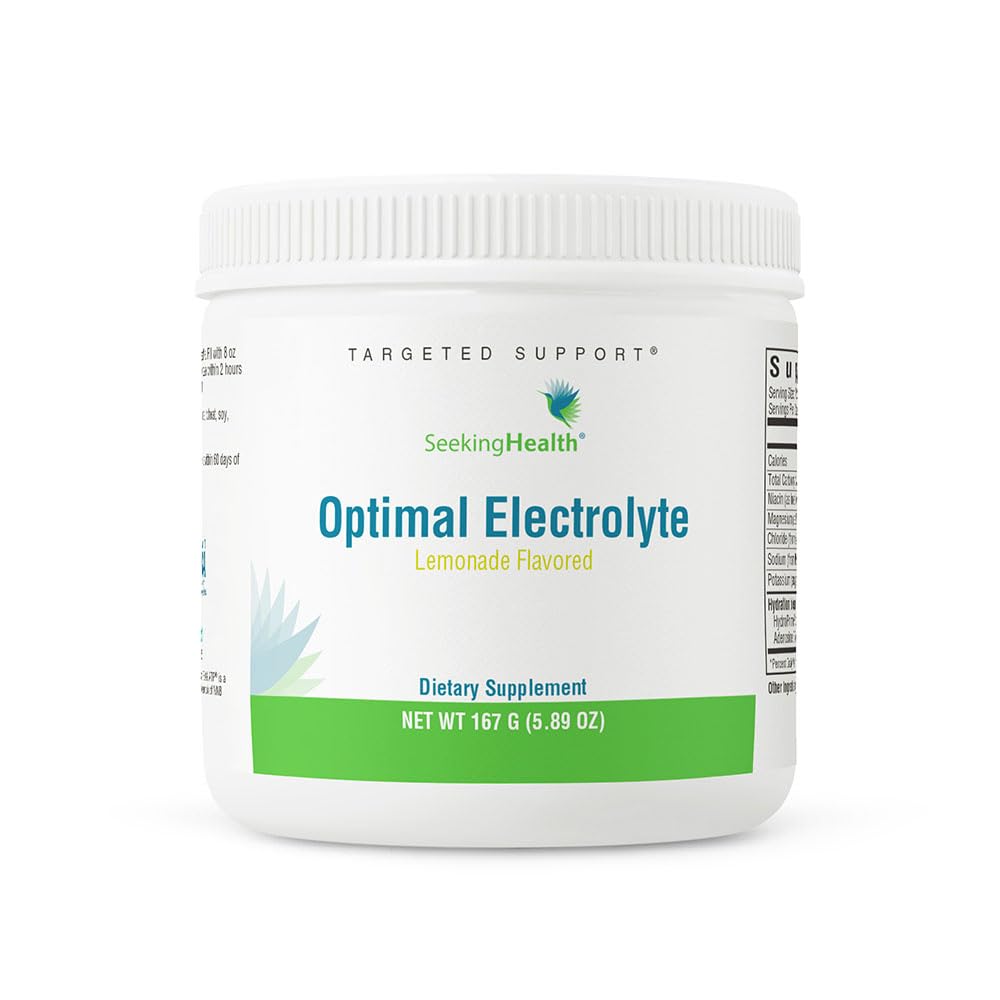 Seeking Health Optimal Electrolyte lemonade powder tub for all-day hydration.