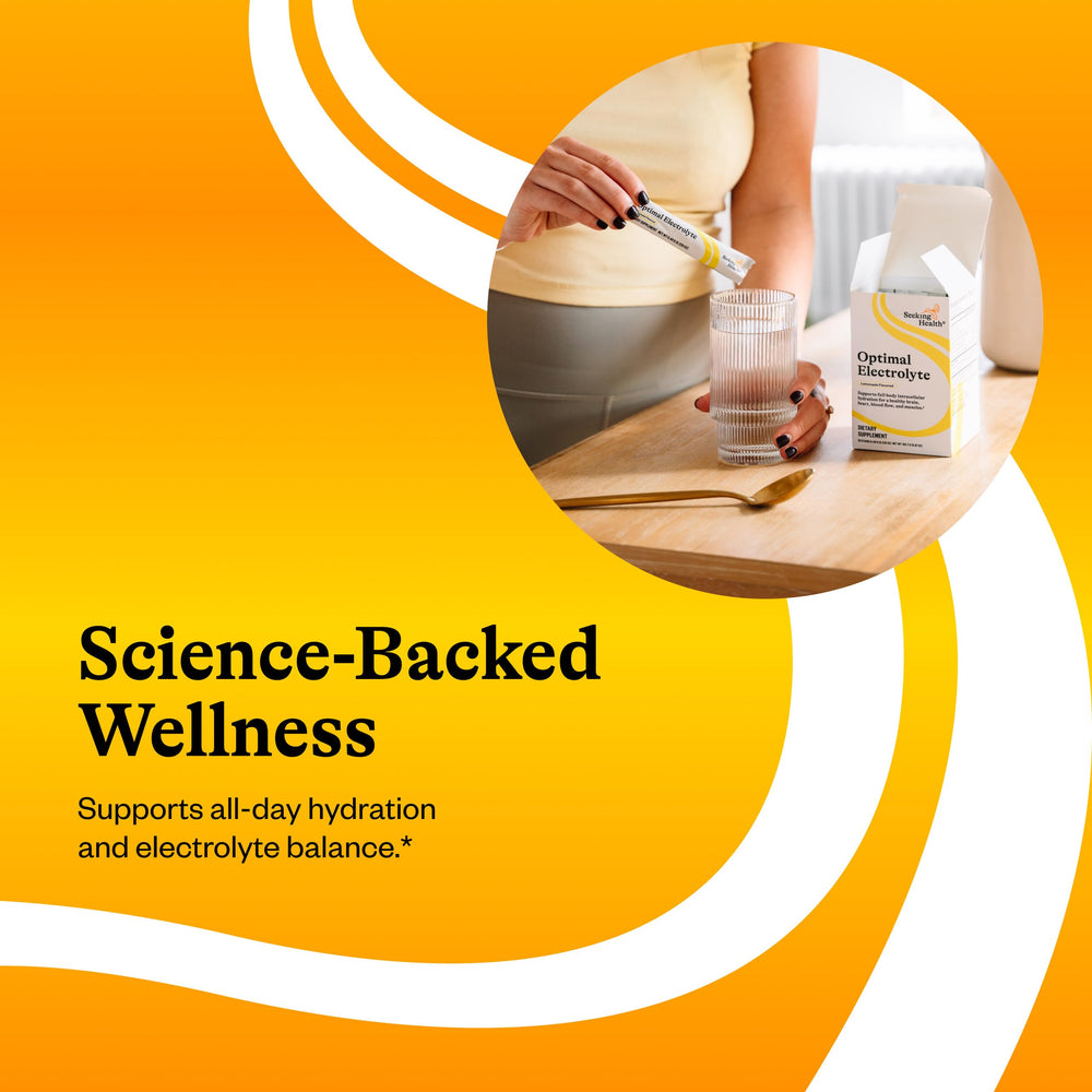 Seeking Health Optimal Electrolyte Sticks label close-up emphasizes clean vegan and non-GMO formula.