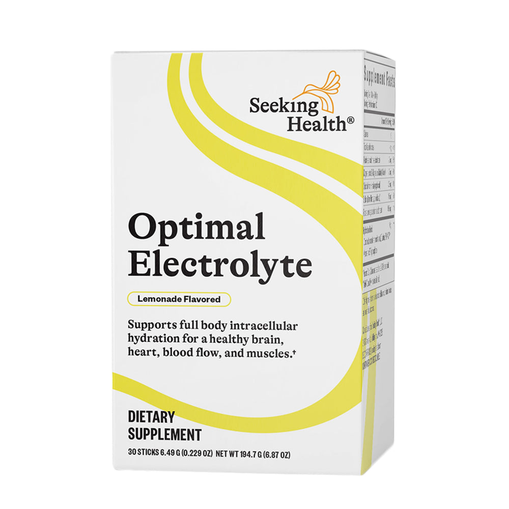 Seeking Health Optimal Electrolyte Sticks bottle showcases convenient hydration for active days.