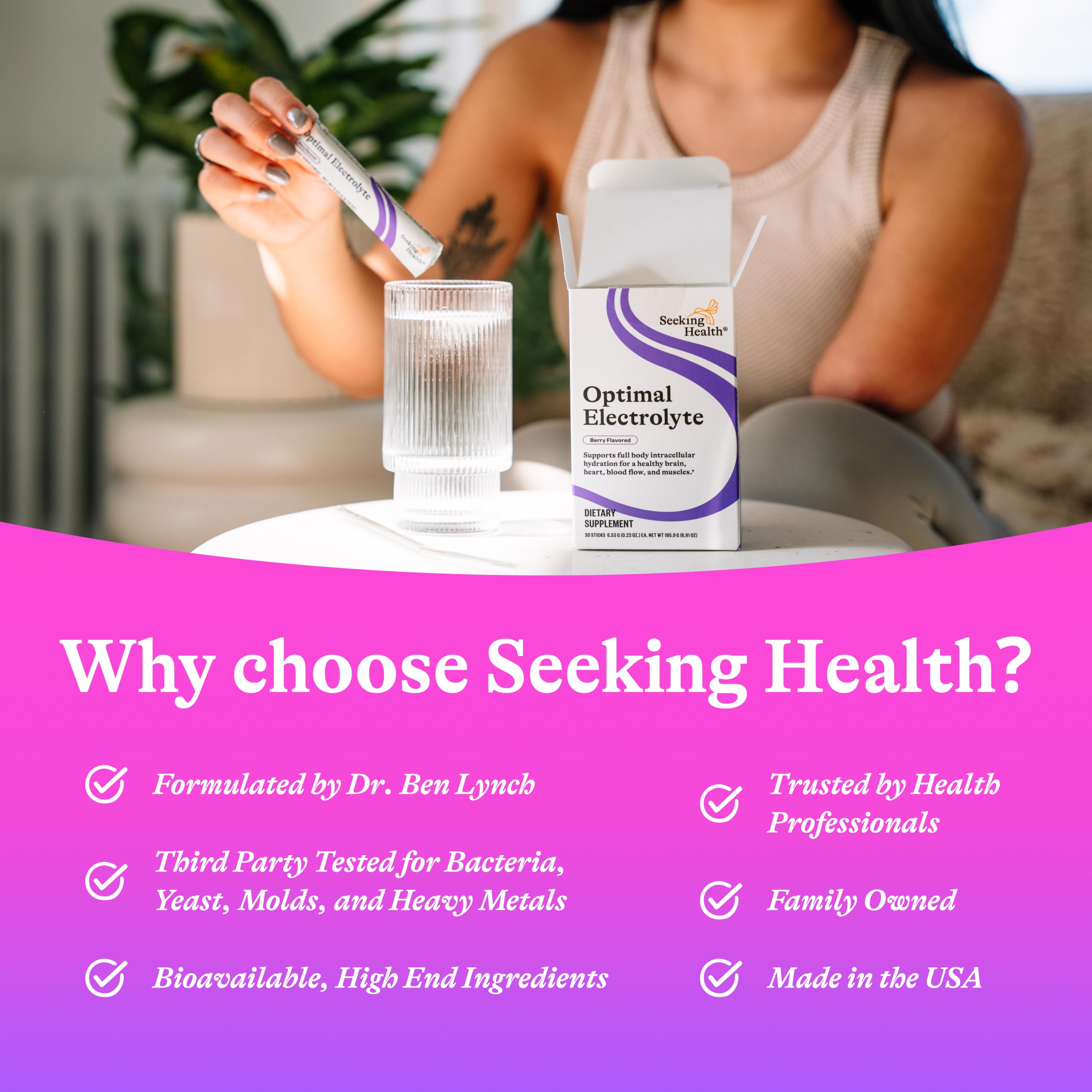 Non-GMO label on Seeking Health electrolyte sticks for quality hydration
