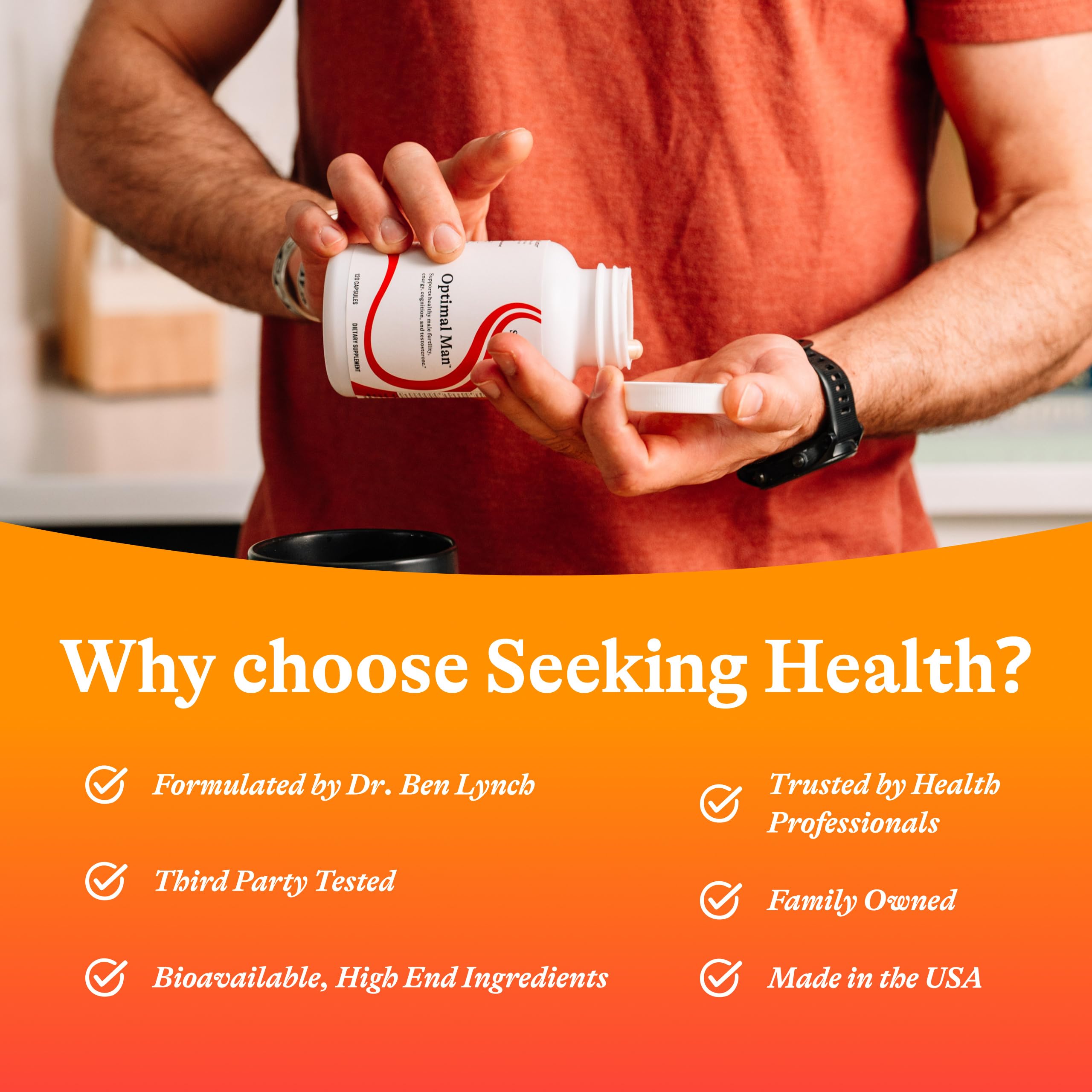 Seeking Health Optimal Man allergen-free seal indicating safety features