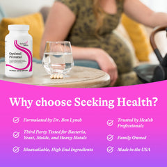 Seeking Health Optimal Prenatal bottle open with capsules ready for daily use.