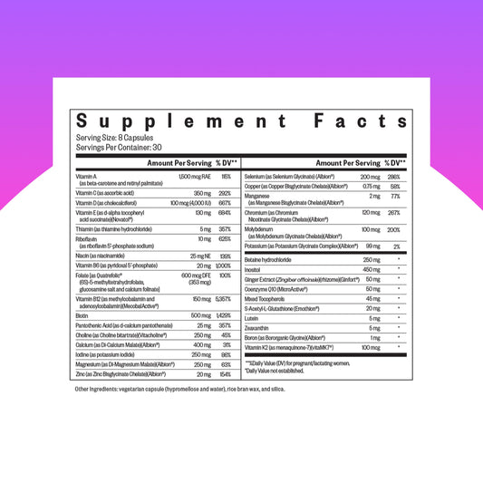 Seeking Health Optimal Prenatal capsules close-up showing easy-to-swallow pills.