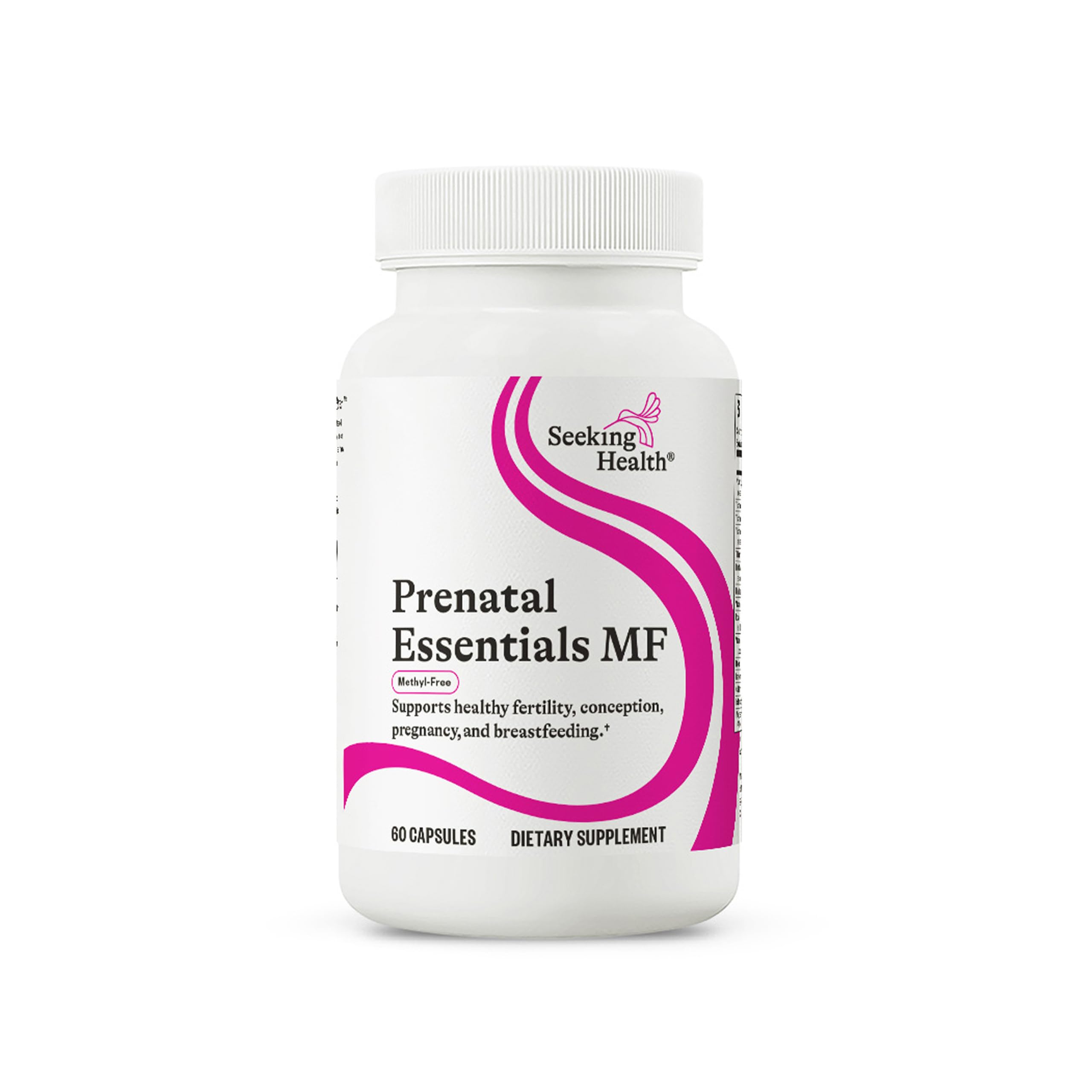 Seeking Health Prenatal Essentials MF bottle with methyl-free capsules shown for prenatal nutrition.