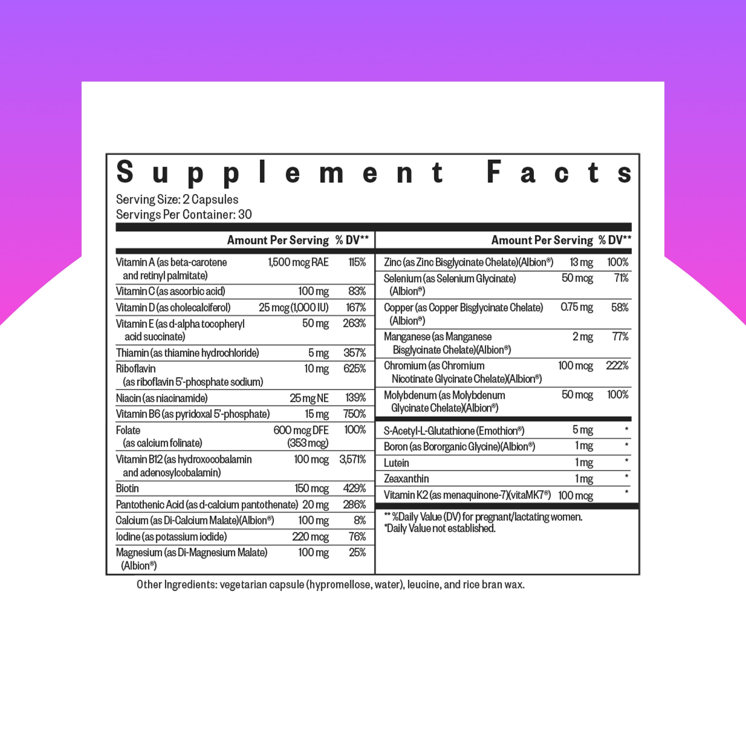 Close-up of Seeking Health Prenatal Essentials MF capsules to highlight methyl-free formula.