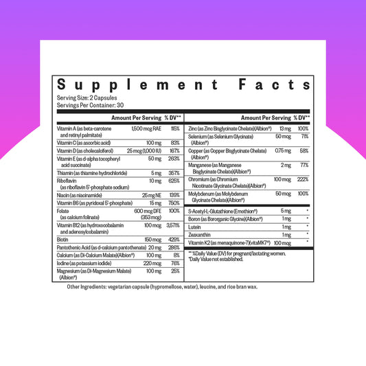 Close-up of Seeking Health Prenatal Essentials MF capsules to highlight methyl-free formula.