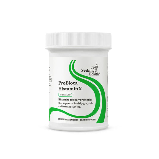 Seeking Health ProBiota HistaminX bottle for balanced digestion and histamine metabolism support.