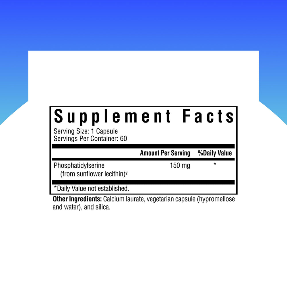 Seeking Health PS capsules closeup shows 150 mg dose for daily cognitive support