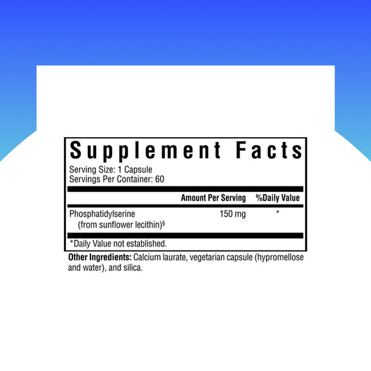 Seeking Health PS capsules closeup shows 150 mg dose for daily cognitive support