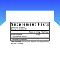 Seeking Health PS capsules closeup shows 150 mg dose for daily cognitive support