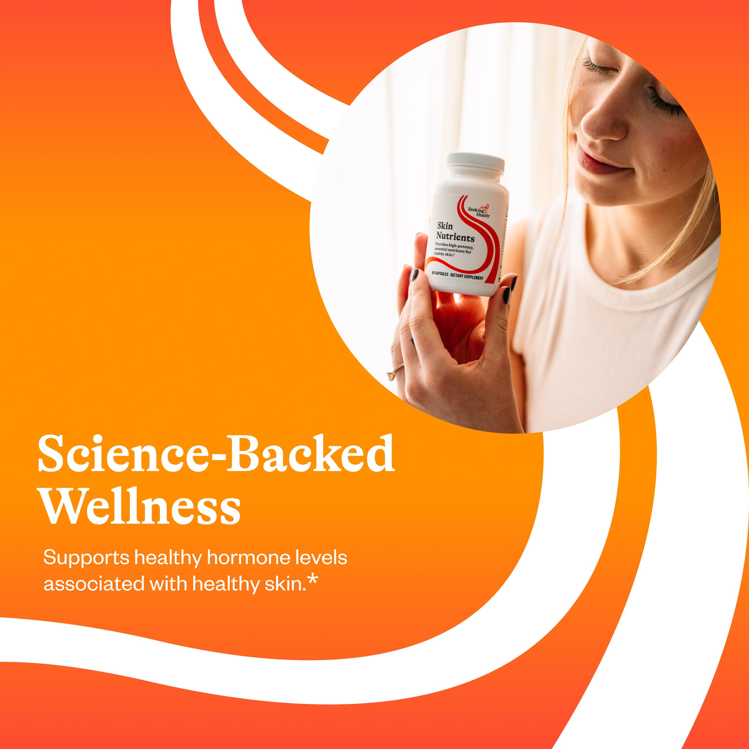 Seeking Health Skin Nutrients bottle with glass emphasizing premium skin nourishment.