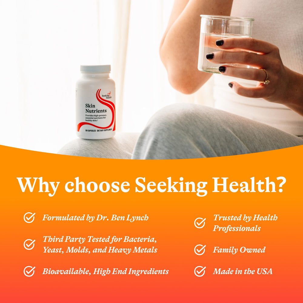 Seeking Health Skin Nutrients dietary supplement visual highlighting skin support benefits.