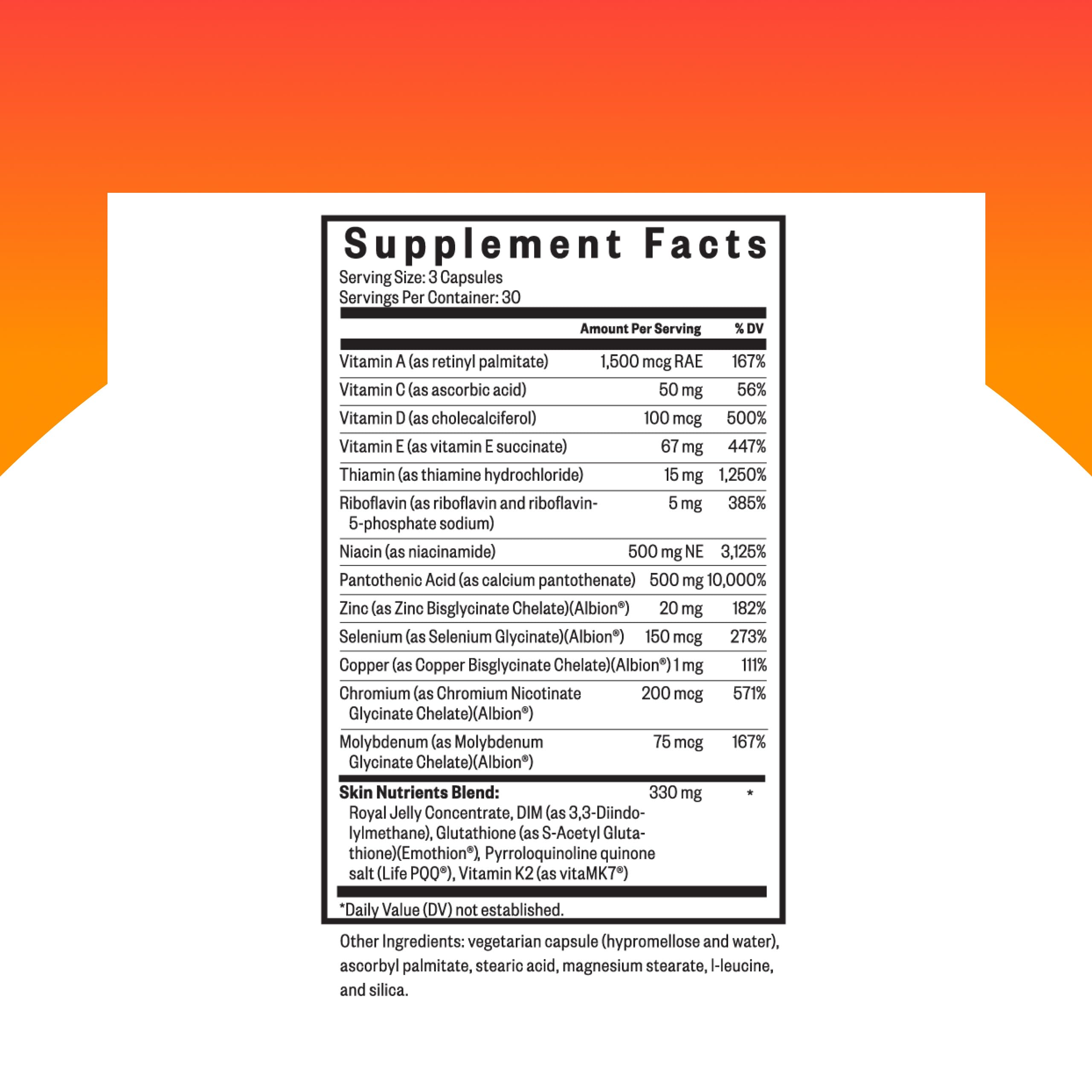Seeking Health Skin Nutrients label closeup showing key ingredients and antioxidants.