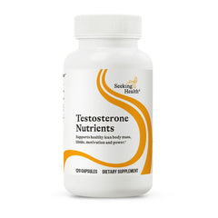 Seeking Health Testosterone Nutrients bottle label shows balanced hormone support in a clean package