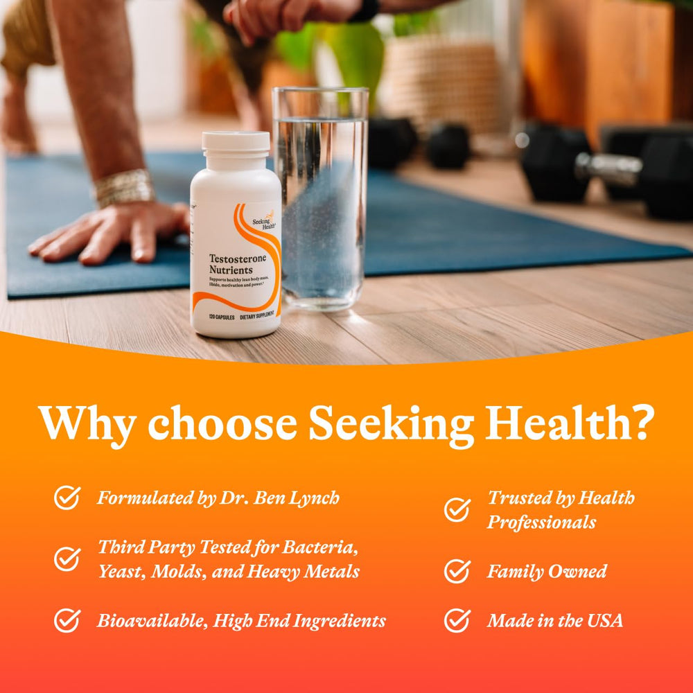 Seeking Health Testosterone Nutrients packaging quality closed box emphasizes safety and purity