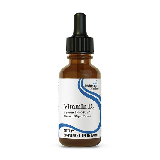 Seeking Health Vitamin D3 Drops bottle with olive oil base for smooth dosing and immune support.