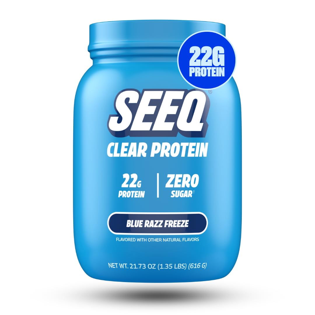 SEEQ Clear Whey Blue Razz Freeze bottle, zero sugar and lactose-free formula.