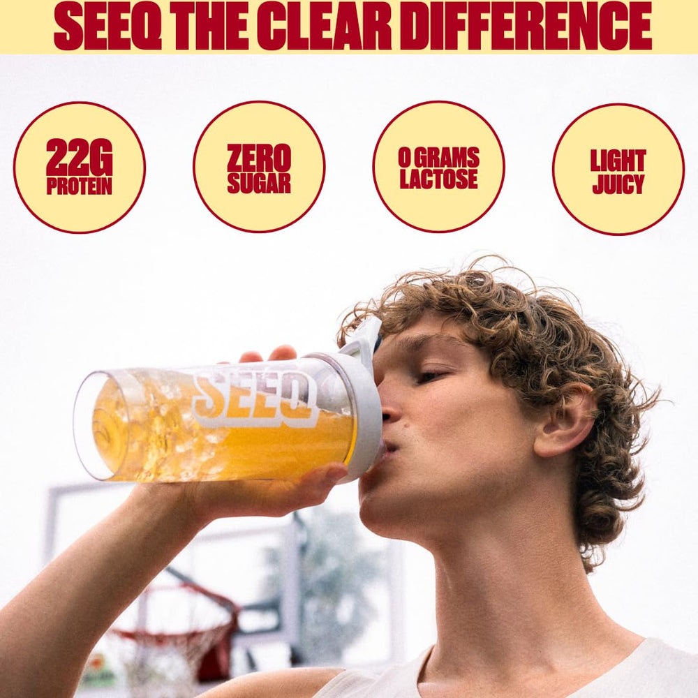 SEEQ Clear Whey Isolate scoop showing 22g protein per serving