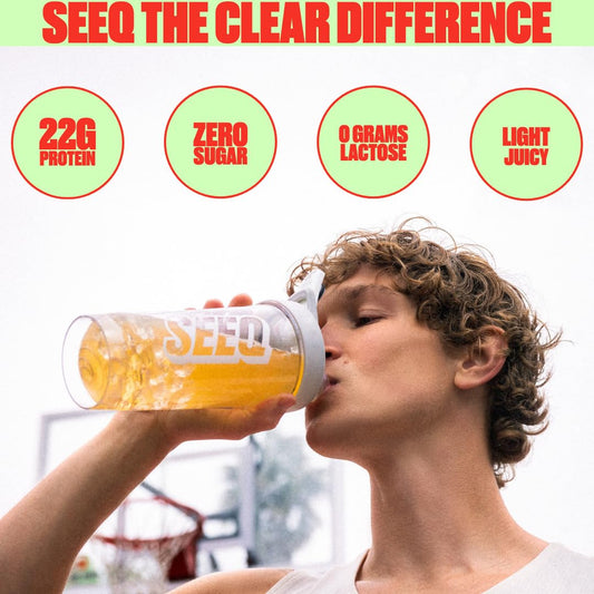 SEEQ Clear Whey Isolate Watermelon Wave scoop in glass demonstrates easy mixing after workouts