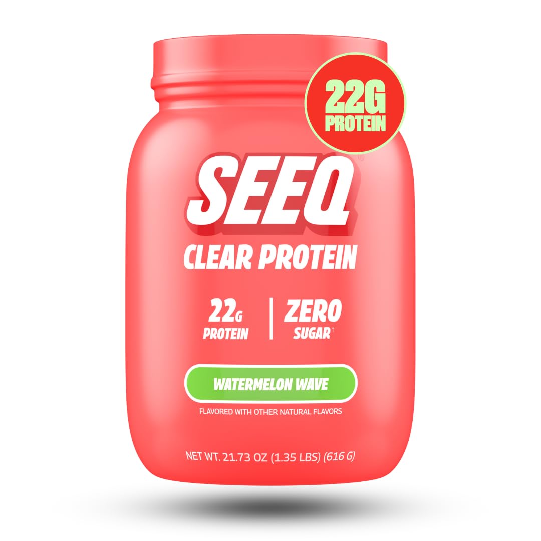 SEEQ Clear Whey Isolate Watermelon Wave tub front showing a refreshing, sugar-free protein option