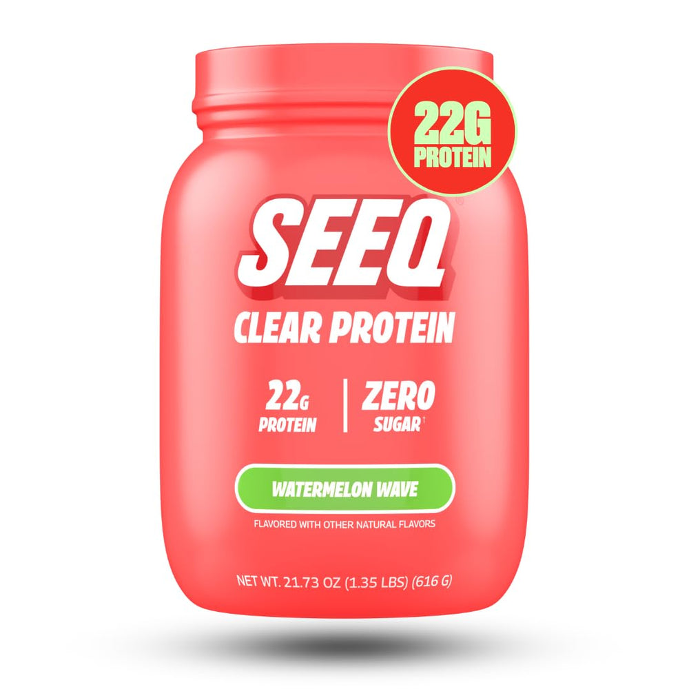 SEEQ Clear Whey Isolate Watermelon Wave tub front showing a refreshing, sugar-free protein option