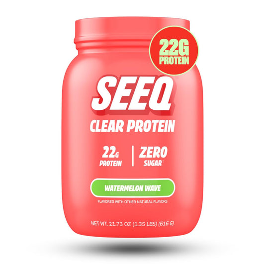 SEEQ Clear Whey Isolate Watermelon Wave tub front showing a refreshing, sugar-free protein option