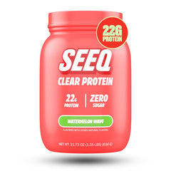 SEEQ Clear Whey Isolate Watermelon Wave tub front showing a refreshing, sugar-free protein option