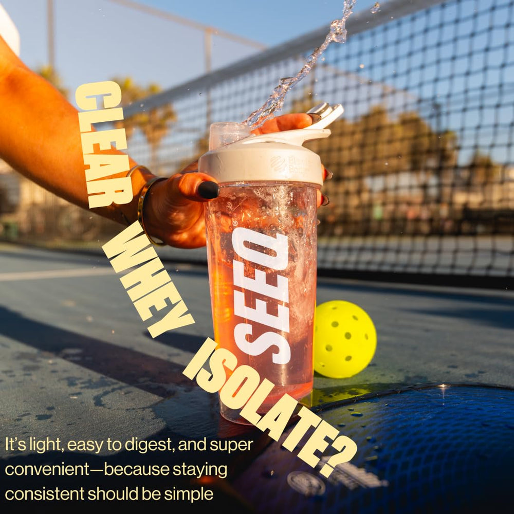 SEEQ Clear Whey Mango Pineapple bottle highlights lactose-free, keto-friendly protein.