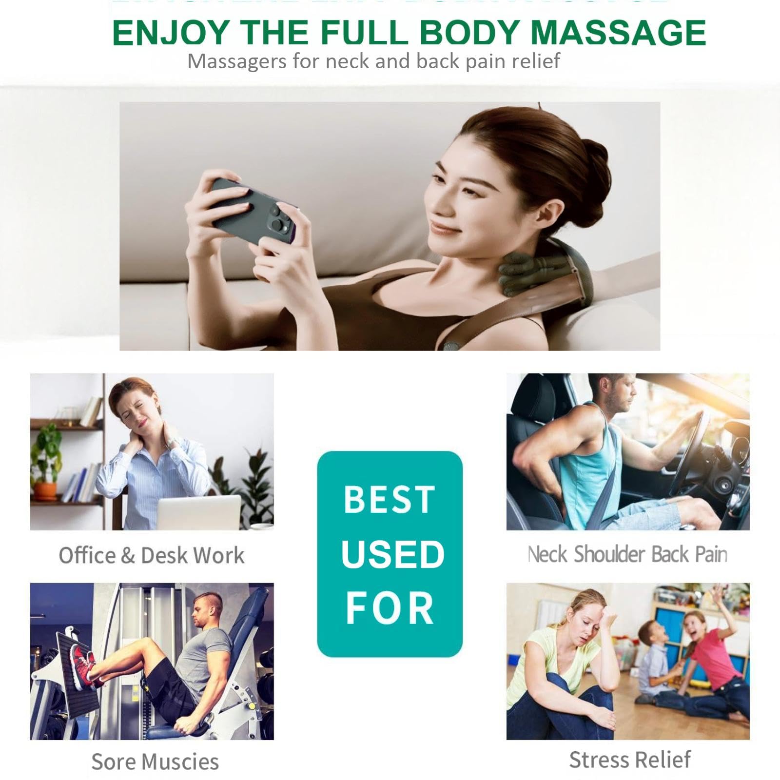 Seiyeje neck massager green handheld-in-use for targeted relief on-the-go