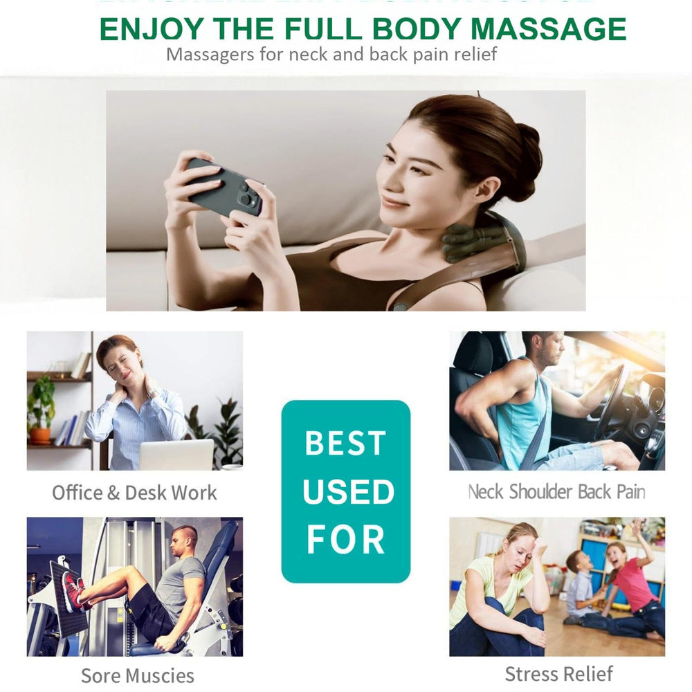 Seiyeje neck massager green handheld-in-use for targeted relief on-the-go