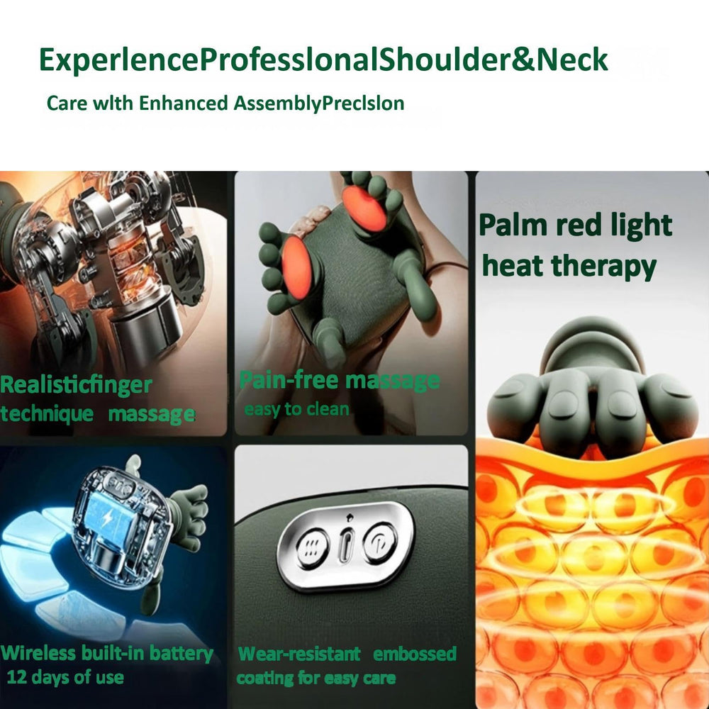 Seiyeje neck massager green wearing with straps demonstrates hands-free use
