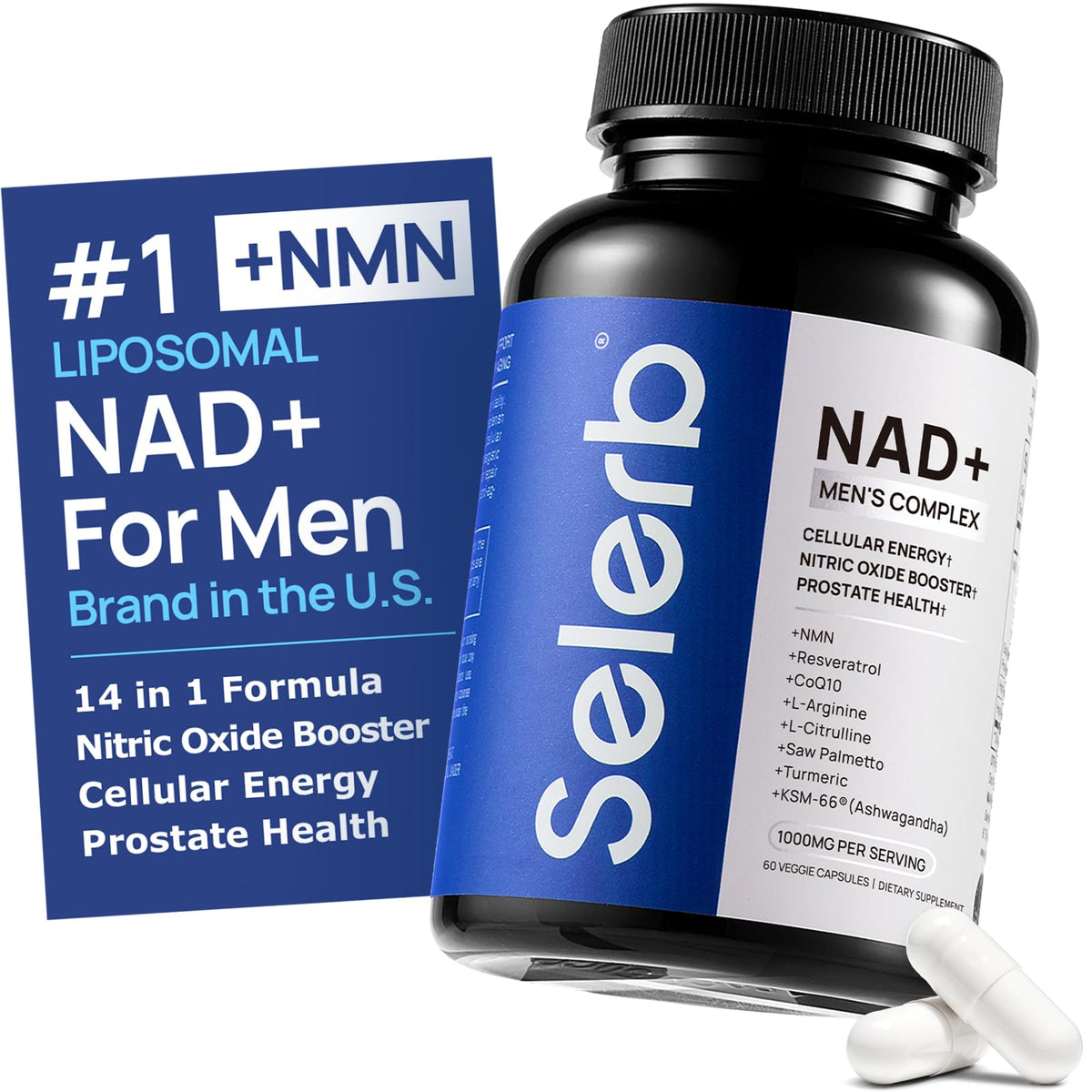 Selerb Liposomal NADGENIE bottle front for men showing energy support potential