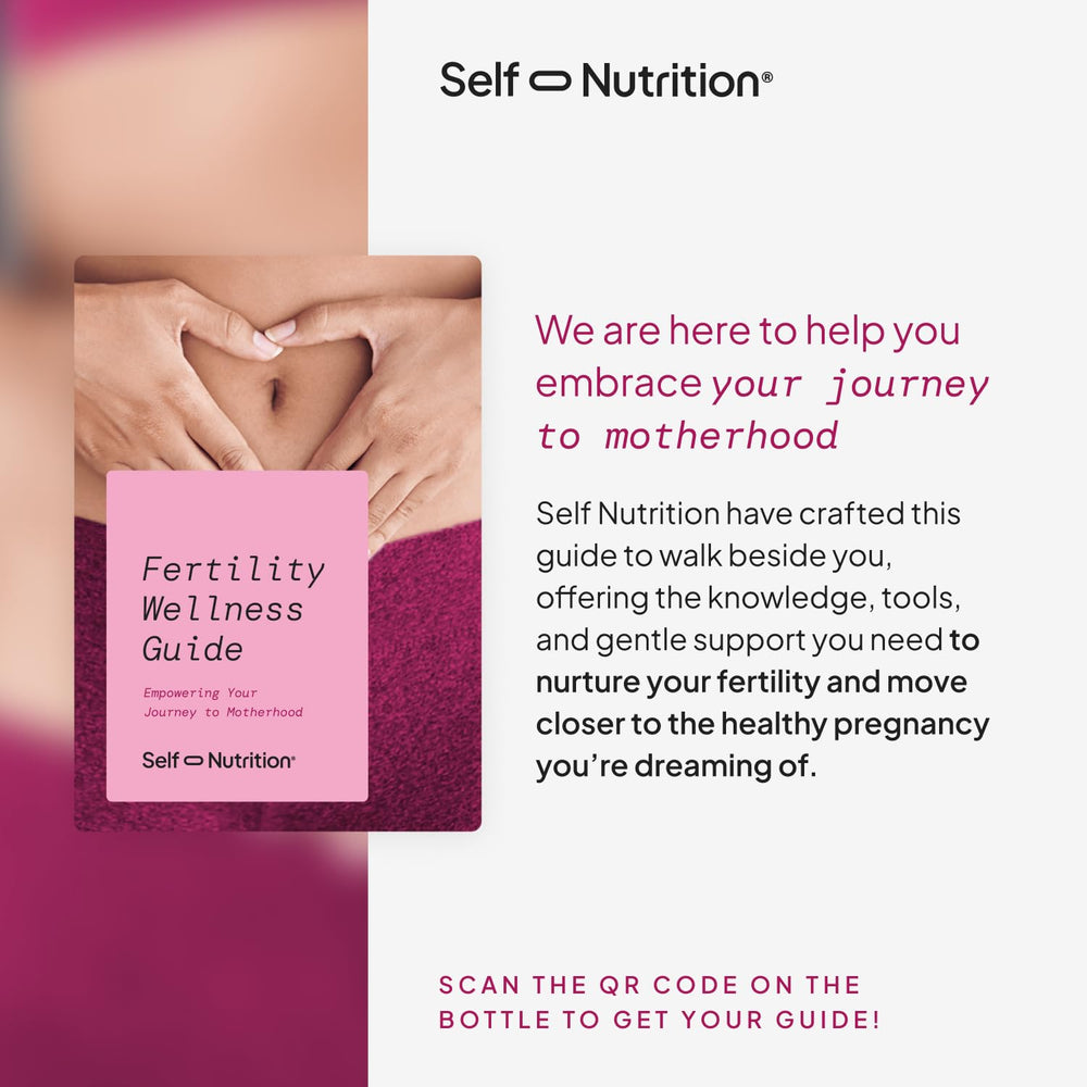 Self Nutrition Fertility Support blend image featuring ashwagandha and CoQ10 benefits.