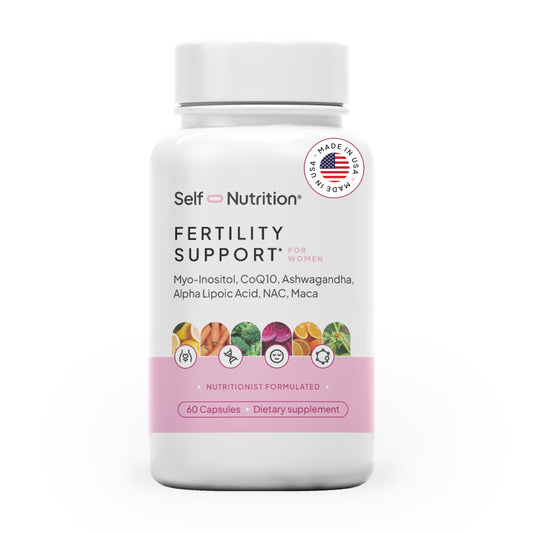 Self Nutrition Fertility Support bottle front showing branding for reliable women's wellness.