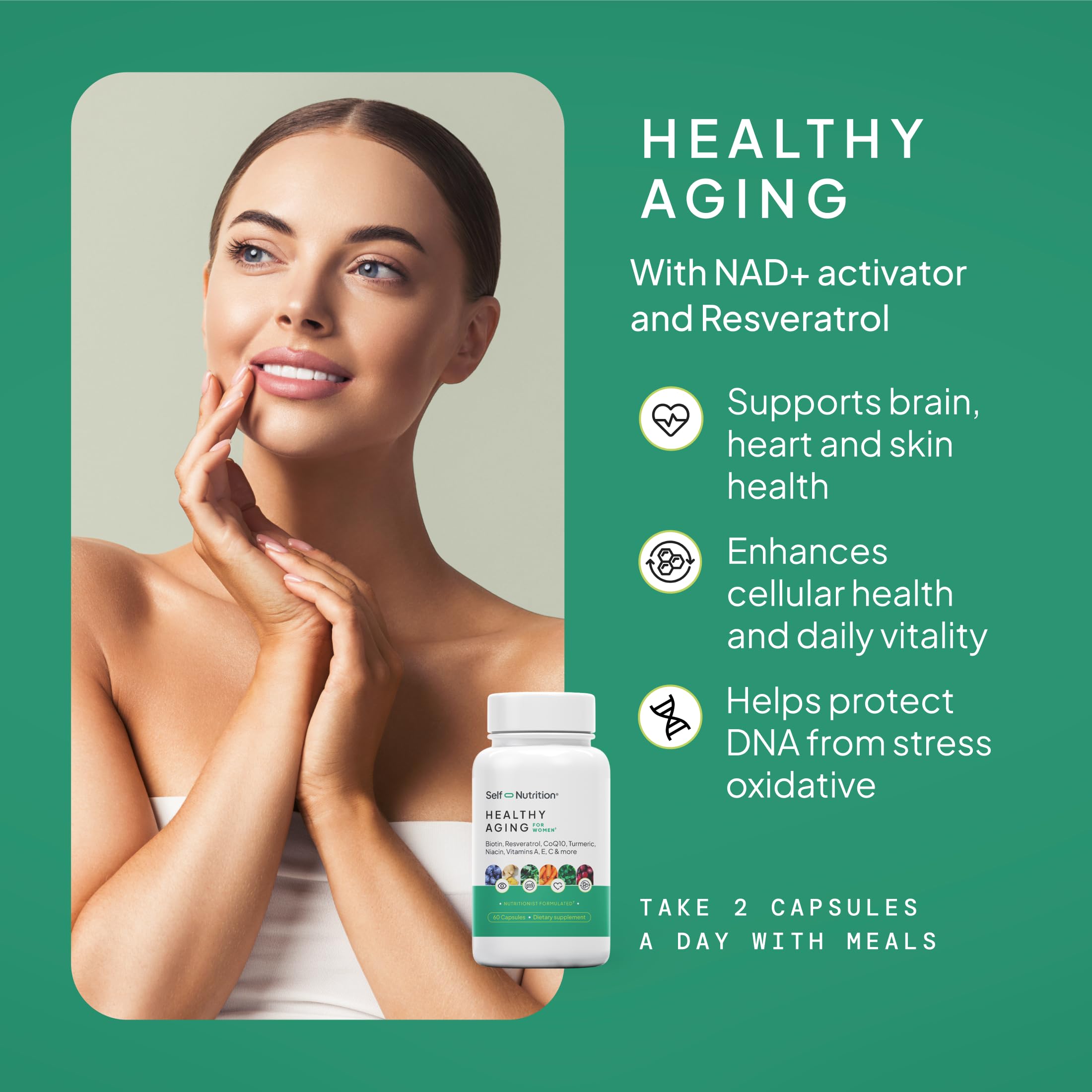Self Nutrition Healthy Aging tablets closeup highlighting NAD and collagen support