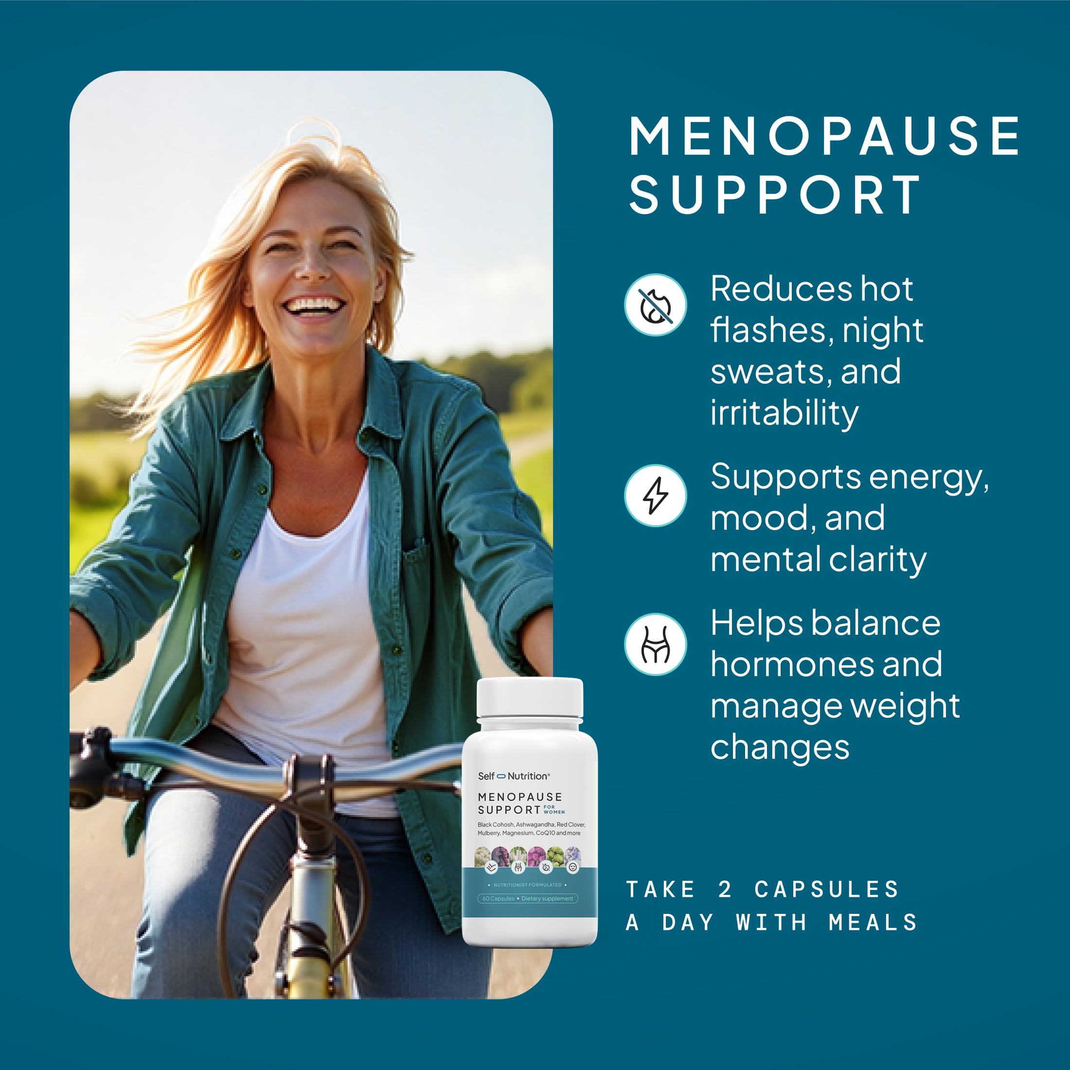 SELF NUTRITION menopause hot flash scene suggests potential relief with a natural, hormone-free blend.