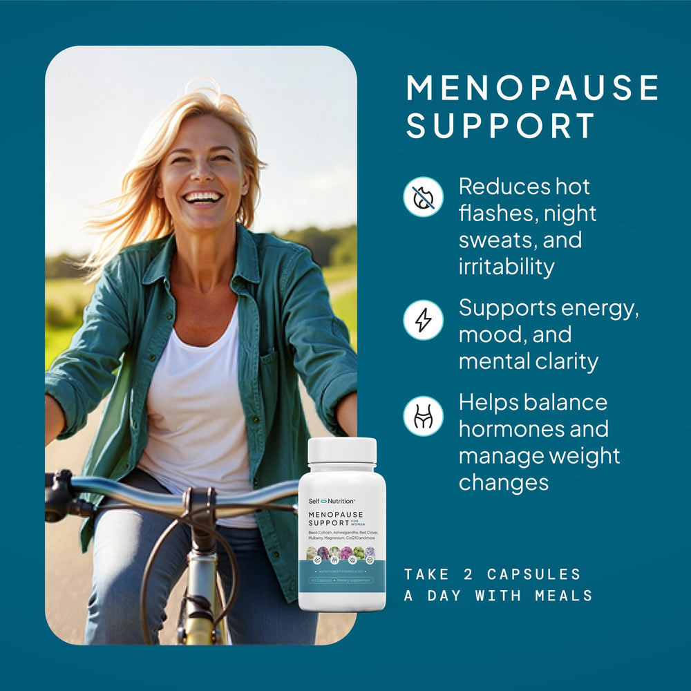 SELF NUTRITION menopause hot flash scene suggests potential relief with a natural, hormone-free blend.