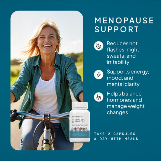 SELF NUTRITION menopause hot flash scene suggests potential relief with a natural, hormone-free blend.