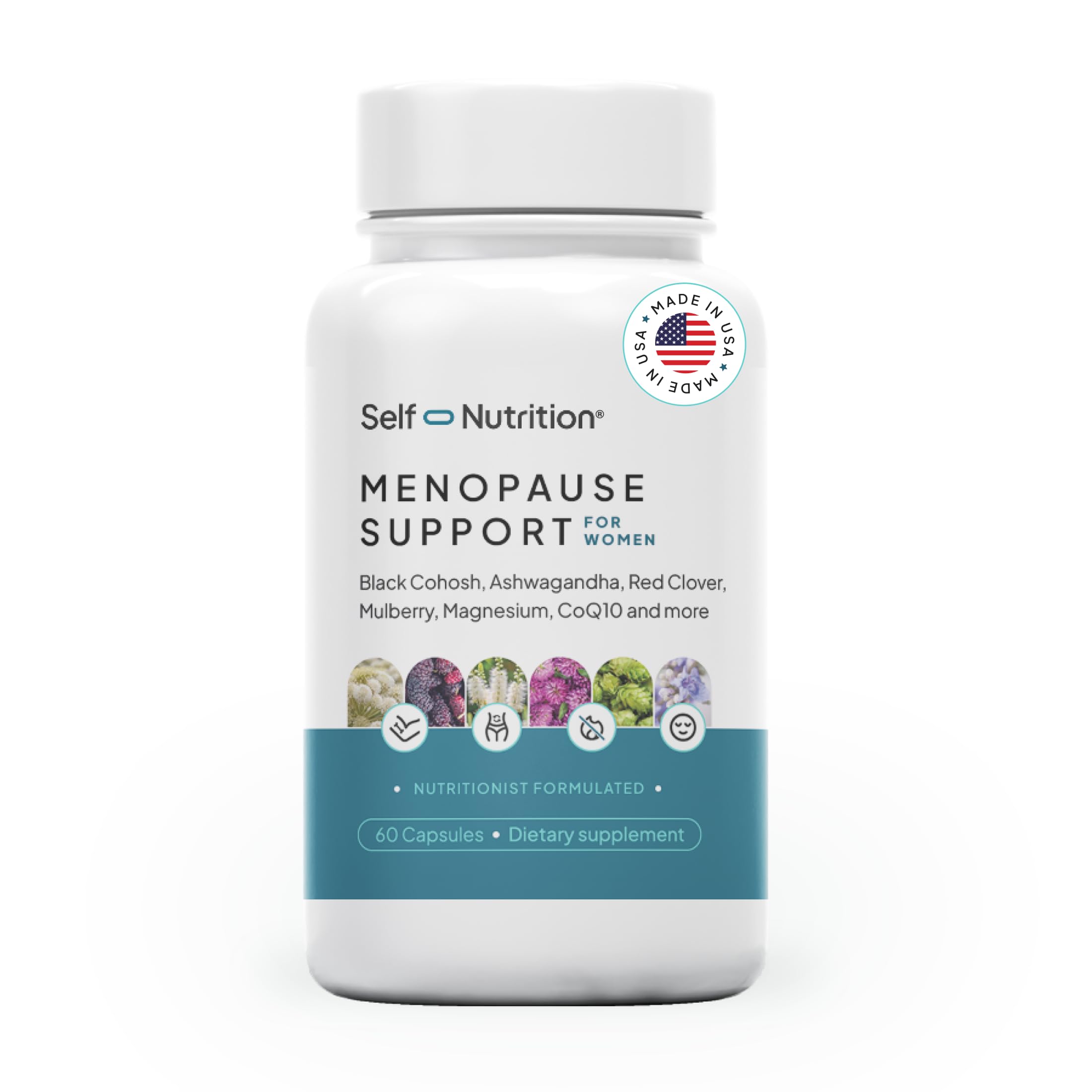 SELF NUTRITION menopause support bottle demonstrates a clean, vegan formula for daily relief.