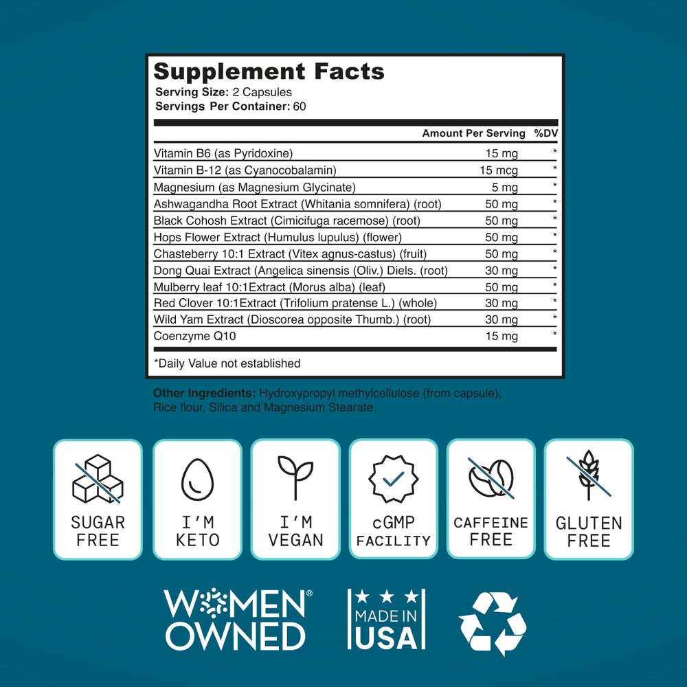 SELF NUTRITION menopause vitamins label highlights B vitamins and CoQ10 for vitality.