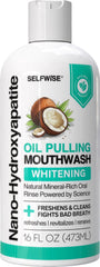 SELFWISE nano-hydroxyapatite oil pulling mouthwash bottle emphasizes enamel support and a fresh breath result.