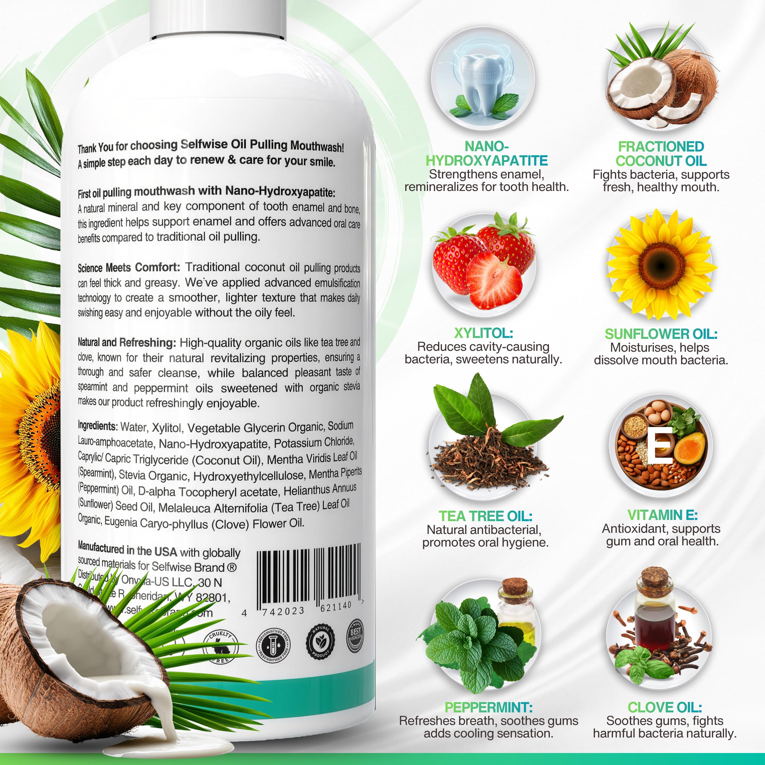 SELFWISE mint essence highlights natural peppermint and spearmint for breath-freshening use.
